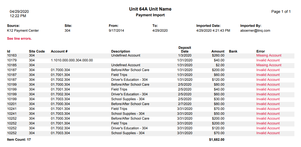 sample payment import information report